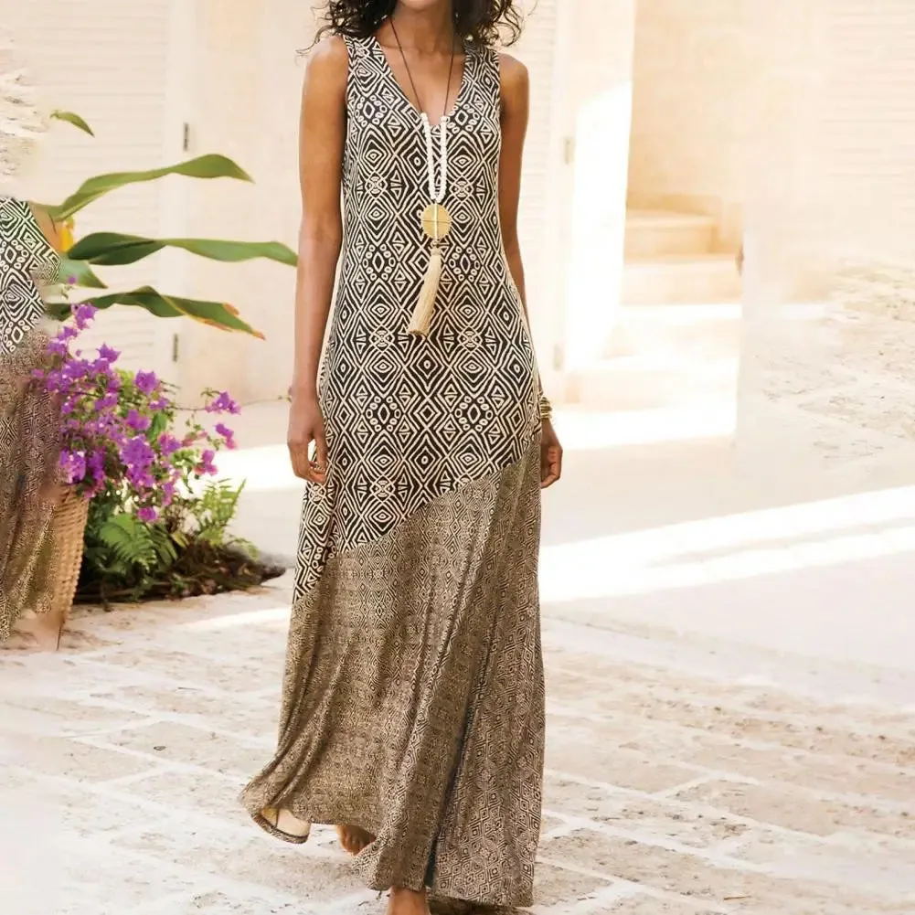 Women Loose Dress Vintage Geometric Print V Neck Sleeveless Dress for Beach