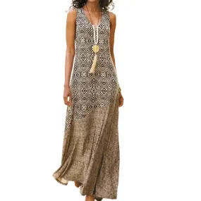 Women Loose Dress Vintage Geometric Print V Neck Sleeveless Dress for Beach