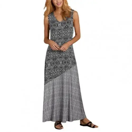Women Loose Dress Vintage Geometric Print V Neck Sleeveless Dress for Beach