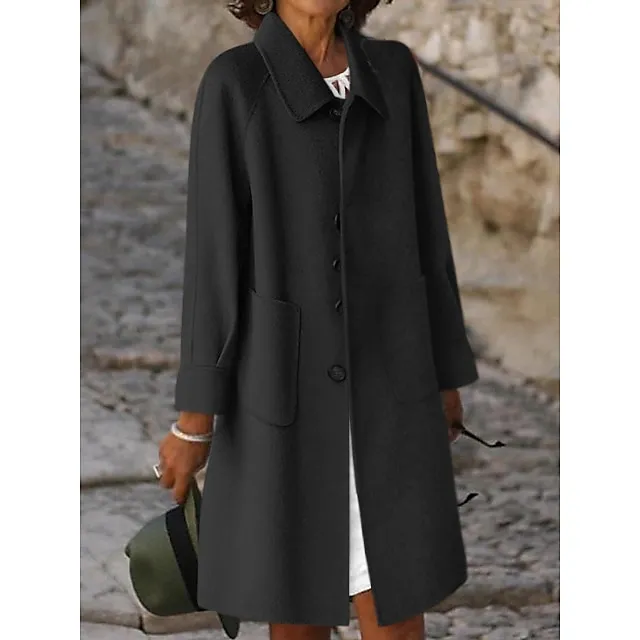 Women's Winter Coat Long Overcoat Single Breasted Lapel Pea Coat Thermal Warm Windproof Trench Coat with Pockets Elegant Outerwear Fall Outerwear Long Sleeve